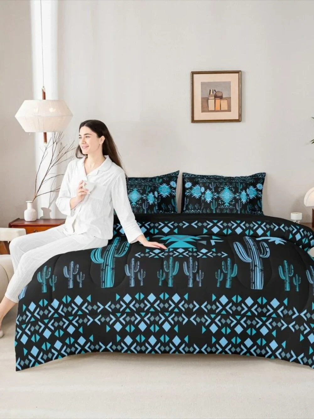 Black Southwestern Aztec Comforter Set with Sheets for Kids Boys Girls Geometric